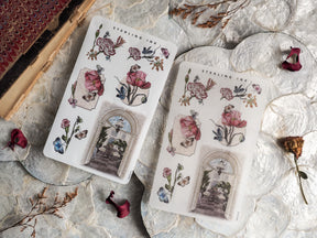 Watercolor botanical sticker sheet displaying elegant floral arrangements, including roses, irises, and wildflowers, for journaling supplies.