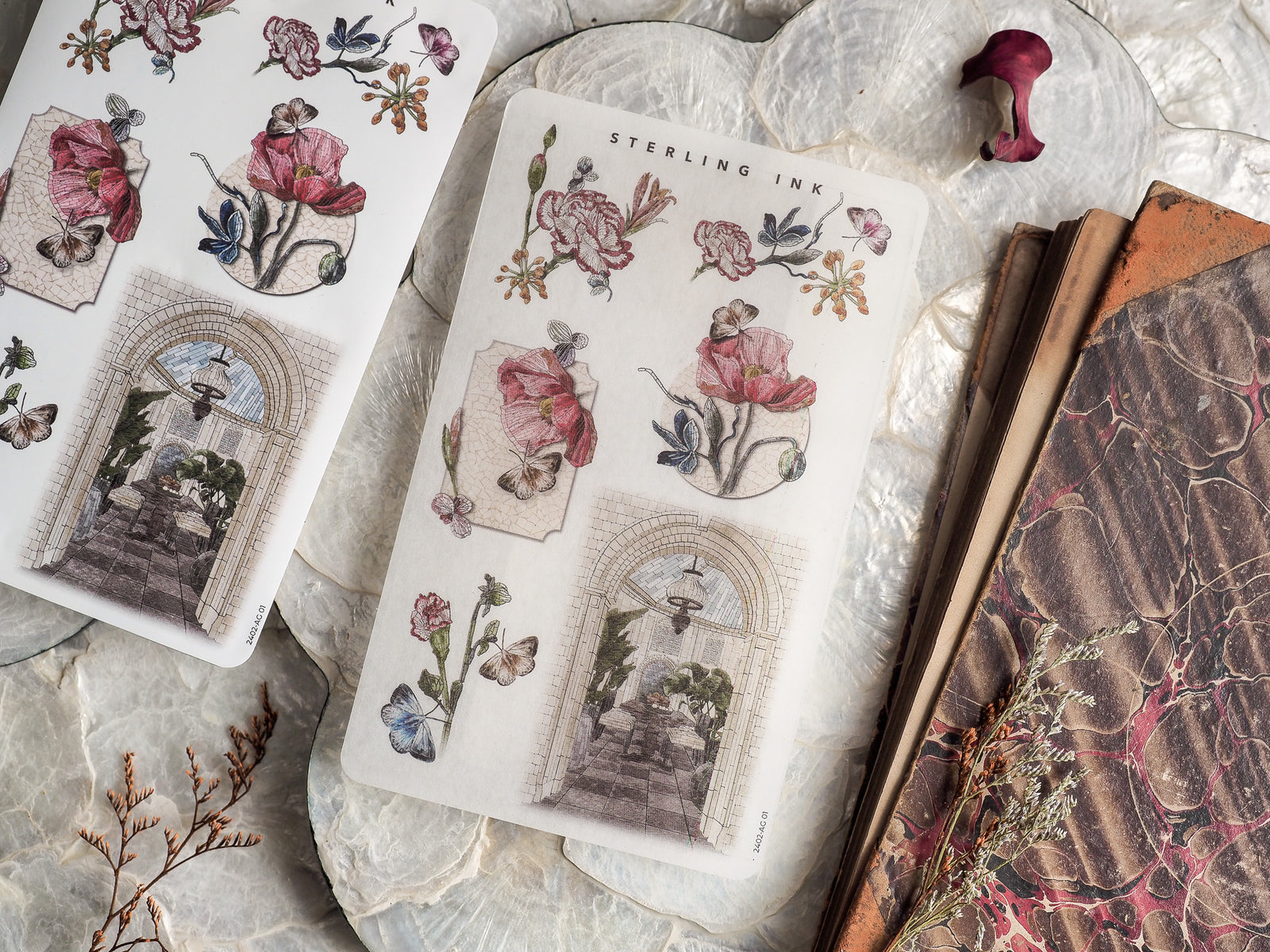Botanical sticker sheet featuring arrangements of painted irises, roses, and detailed arched frames, themed for February 2024.