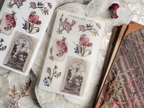 Botanical sticker sheet featuring arrangements of painted irises, roses, and detailed arched frames, themed for February 2024.