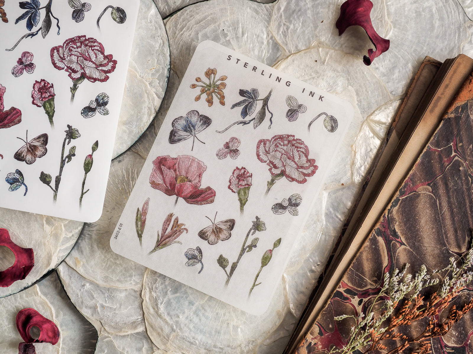 Delicate botanical sticker set featuring black ink illustrations of peonies, leaves, and butterflies for seasonal craft use.
