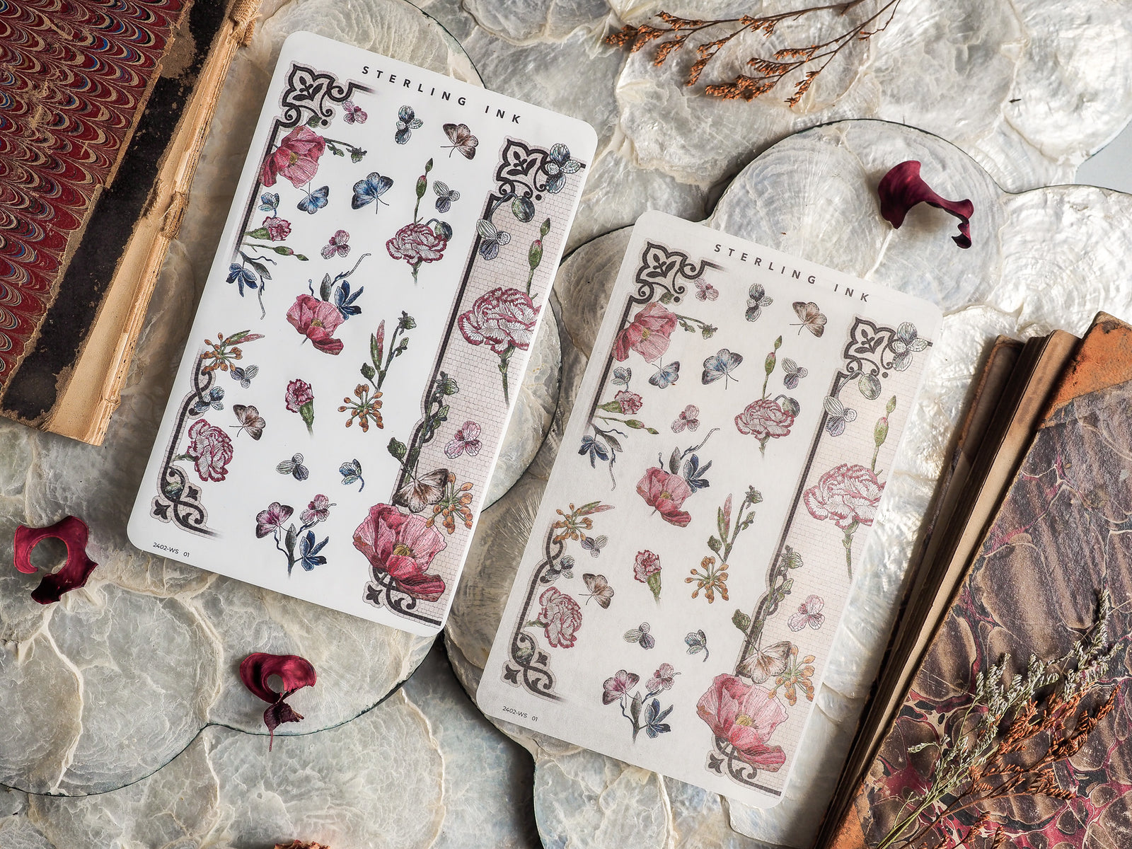 Botanical washi strip stickers featuring delicate, continuous illustrations of various flowers and foliage in a soft, antique pastel palette.
