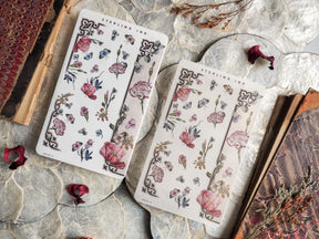 Botanical washi strip stickers featuring delicate, continuous illustrations of various flowers and foliage in a soft, antique pastel palette.