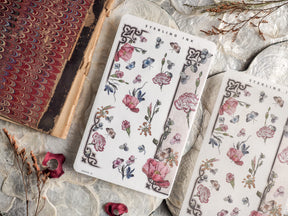 Elegant washi strip stickers adorned with a soft botanical print of pastel pink and blue roses, vines, and delicate foliage.