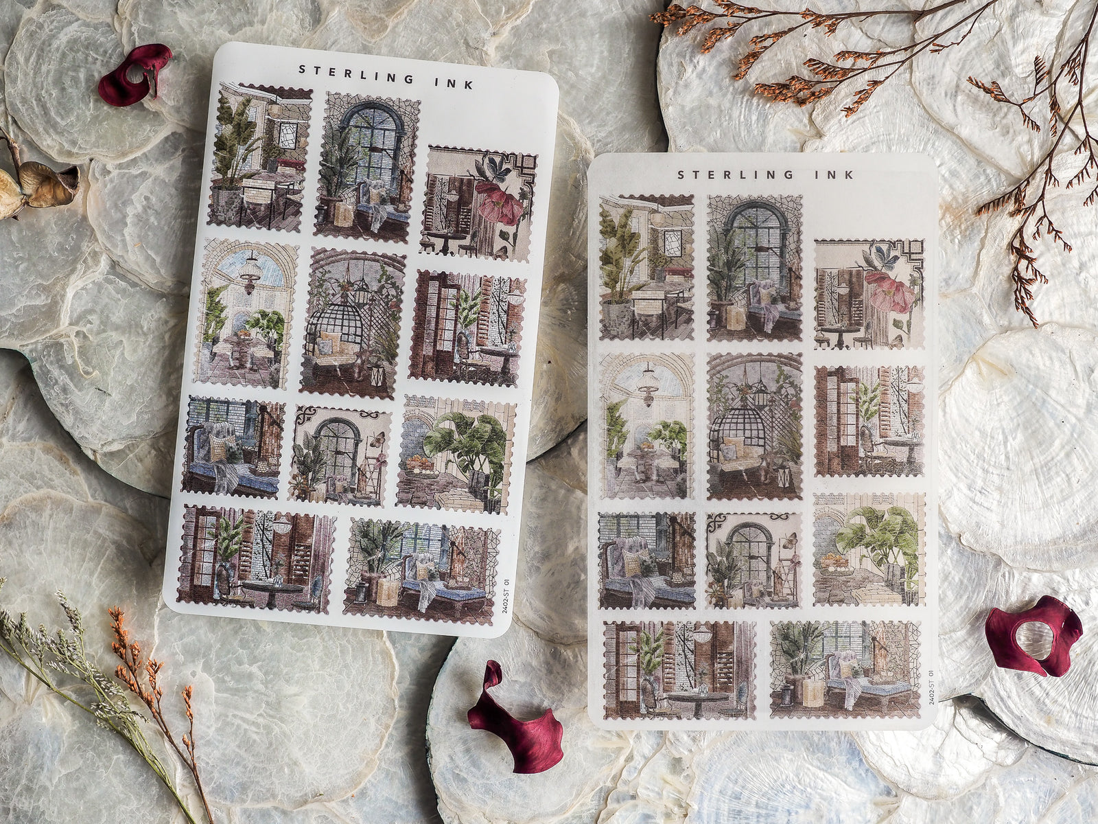 Vintage architectural sticker sheets for February 2024, featuring detailed, sepia-toned illustrations of antique sunroom and interior room designs.