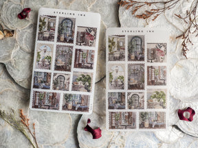 Vintage architectural sticker sheets for February 2024, featuring detailed, sepia-toned illustrations of antique sunroom and interior room designs.