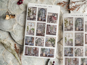 Grid pattern of antique, sepia-toned stickers featuring detailed Parisian window scenes, overgrown plants, and cozy European interiors for journaling.