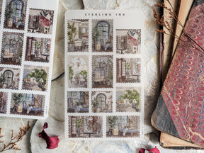 Vintage scrapbook sticker sheet featuring elegant Parisian interiors, framed by lush windows, antique furniture, and romantic indoor greenery for February 2024.
