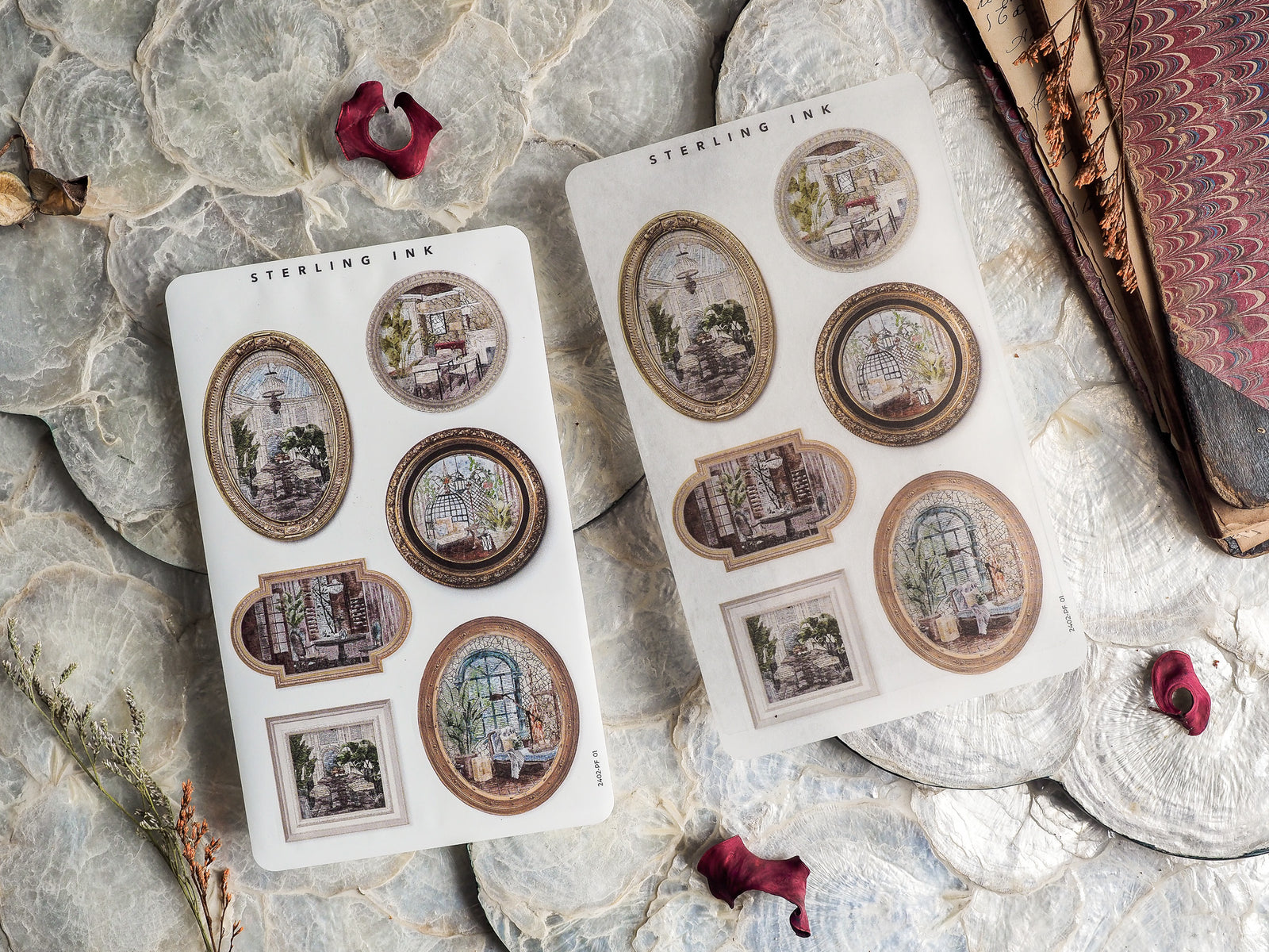 Vintage sepia-toned picture frame stickers featuring various sizes of ornate borders surrounding detailed architectural vignettes.