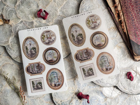 Vintage sepia-toned picture frame stickers featuring various sizes of ornate borders surrounding detailed architectural vignettes.