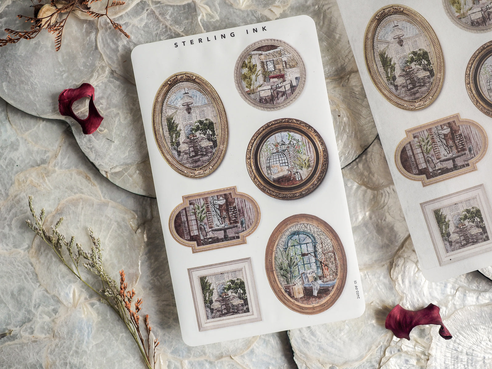 Ornate vintage picture frame sticker set featuring antique sepia-toned images of detailed cityscapes and nostalgic architectural interiors.