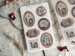 Ornate vintage picture frame sticker set featuring antique sepia-toned images of detailed cityscapes and nostalgic architectural interiors.