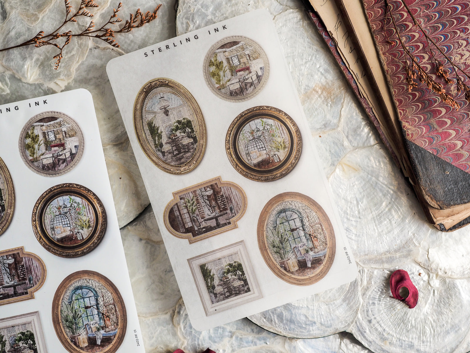 Sepia-toned sticker sheet featuring multiple ornate frame designs and vintage engravings of historic windows and charming architectural scenes.