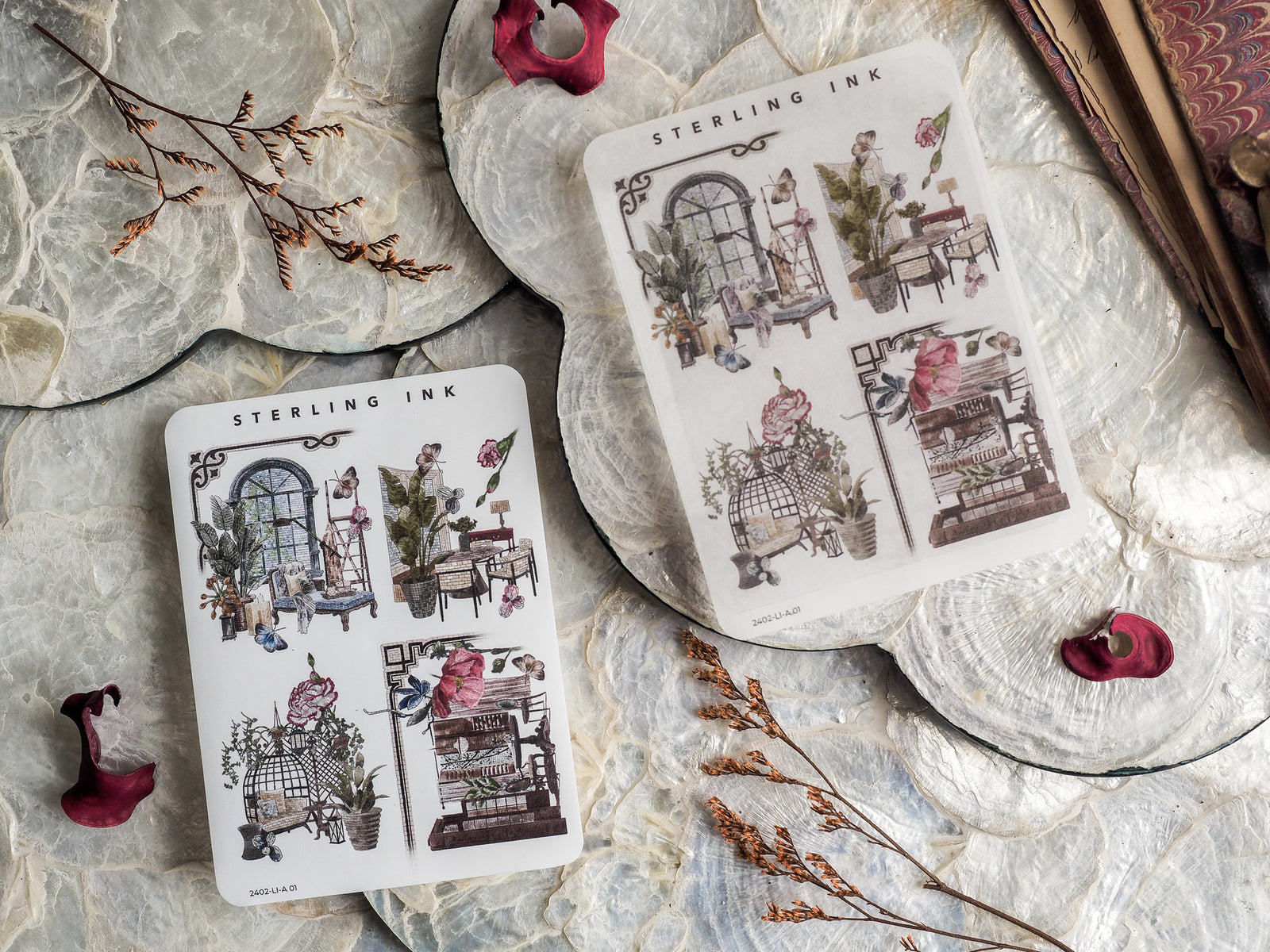 Vintage sticker set featuring detailed black and sepia illustrations of cozy interior scenes, including furniture, potted plants, and architectural details.