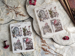 Vintage sticker set featuring detailed black and sepia illustrations of cozy interior scenes, including furniture, potted plants, and architectural details.