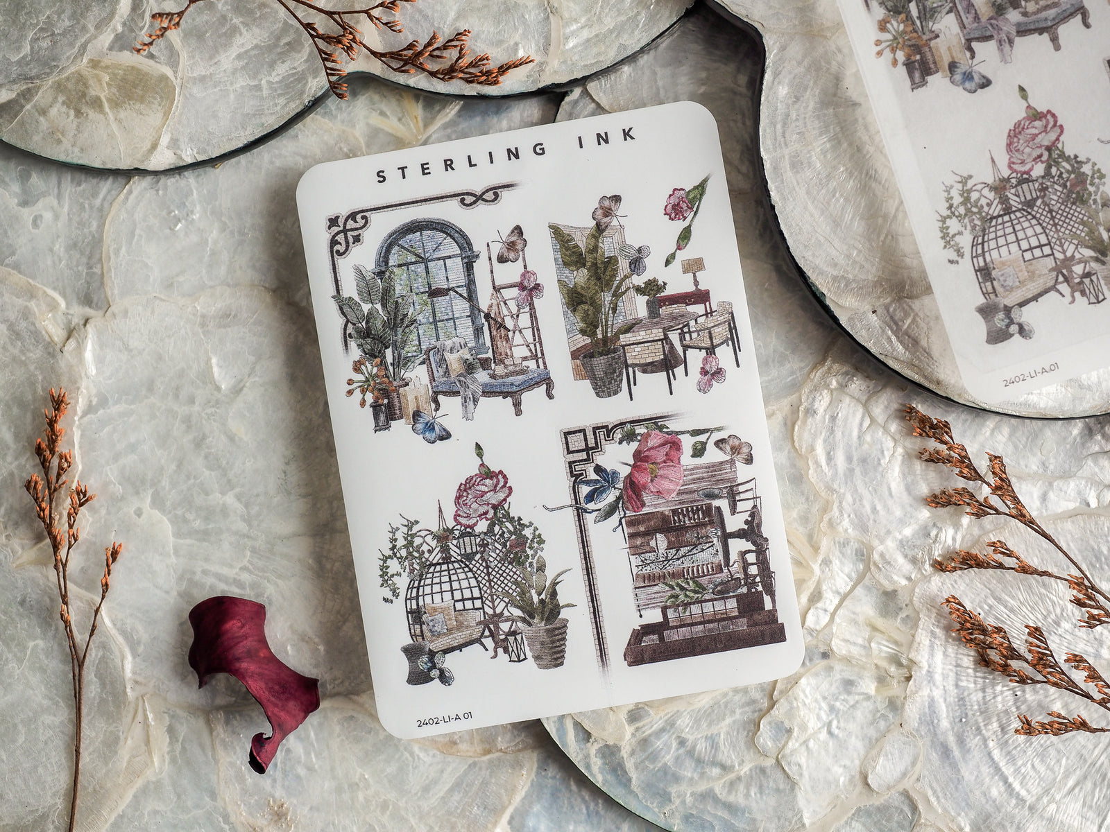 Detailed black and white sticker sheet featuring vintage botanical illustrations of elegant terrariums, potted plants, and intricate indoor garden scenes.