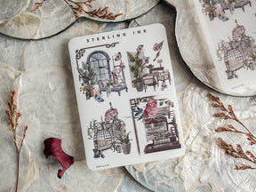 Detailed black and white sticker sheet featuring vintage botanical illustrations of elegant terrariums, potted plants, and intricate indoor garden scenes.