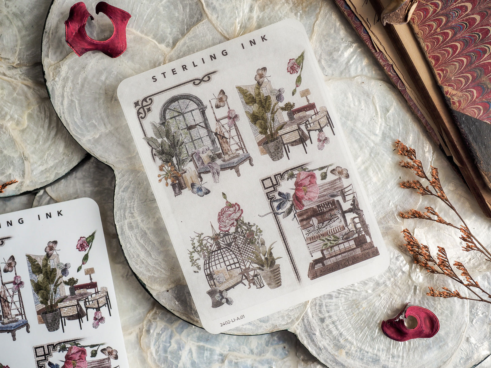 Decorative set of large icon stickers featuring elegant, vintage-style black line art illustrations of cozy interiors, including detailed windows, furniture, and potted plants.