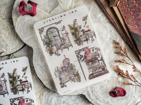 Decorative set of large icon stickers featuring elegant, vintage-style black line art illustrations of cozy interiors, including detailed windows, furniture, and potted plants.