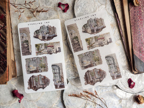 Two sticker sheets featuring antique, sepia-toned architectural sketches of ornate arches and windows, designed with a torn paper effect for scrapbooking.