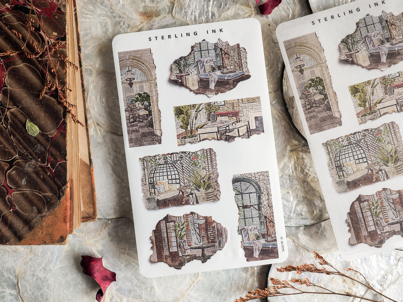 A sheet of vintage, sepia-toned stickers depicting highly detailed, overgrown architectural ruins with distressed, torn paper edges.