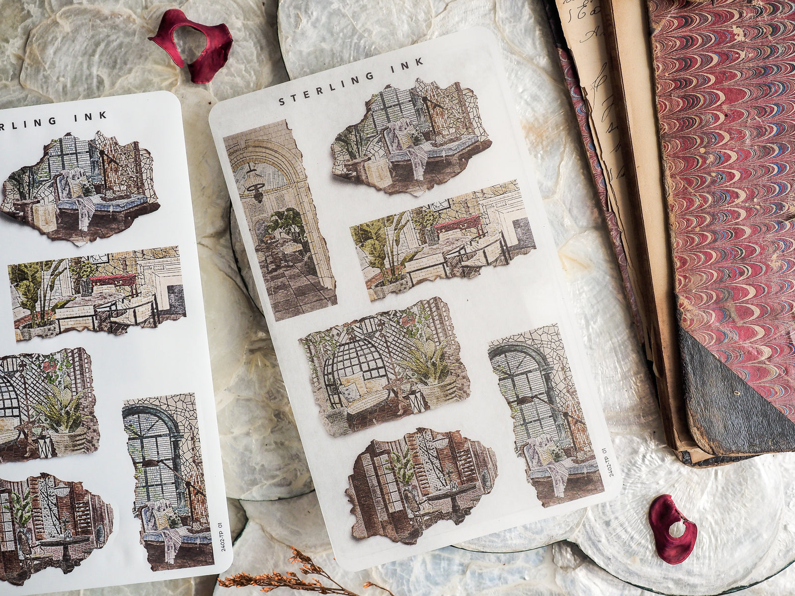 Sheet of vintage, sepia-toned torn paper stickers featuring detailed die-cuts of distressed architecture, old doorways, and classic storefront illustrations.