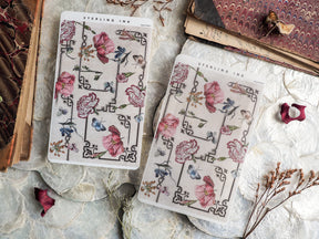 Decorative thin sticker strips featuring watercolor pink roses and delicate blue butterflies connected by black, ornate geometric vine patterns.