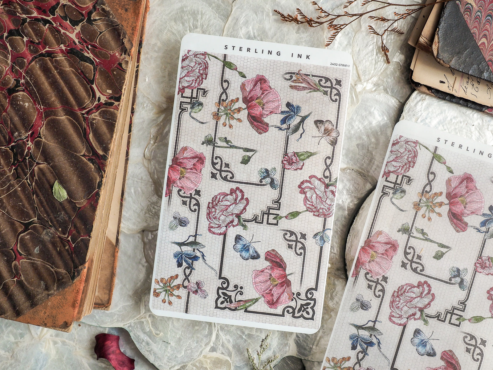 Vintage-style thin strip stickers featuring repeating delicate patterns of blush pink roses, blue birds, and elegant black filigree lines.