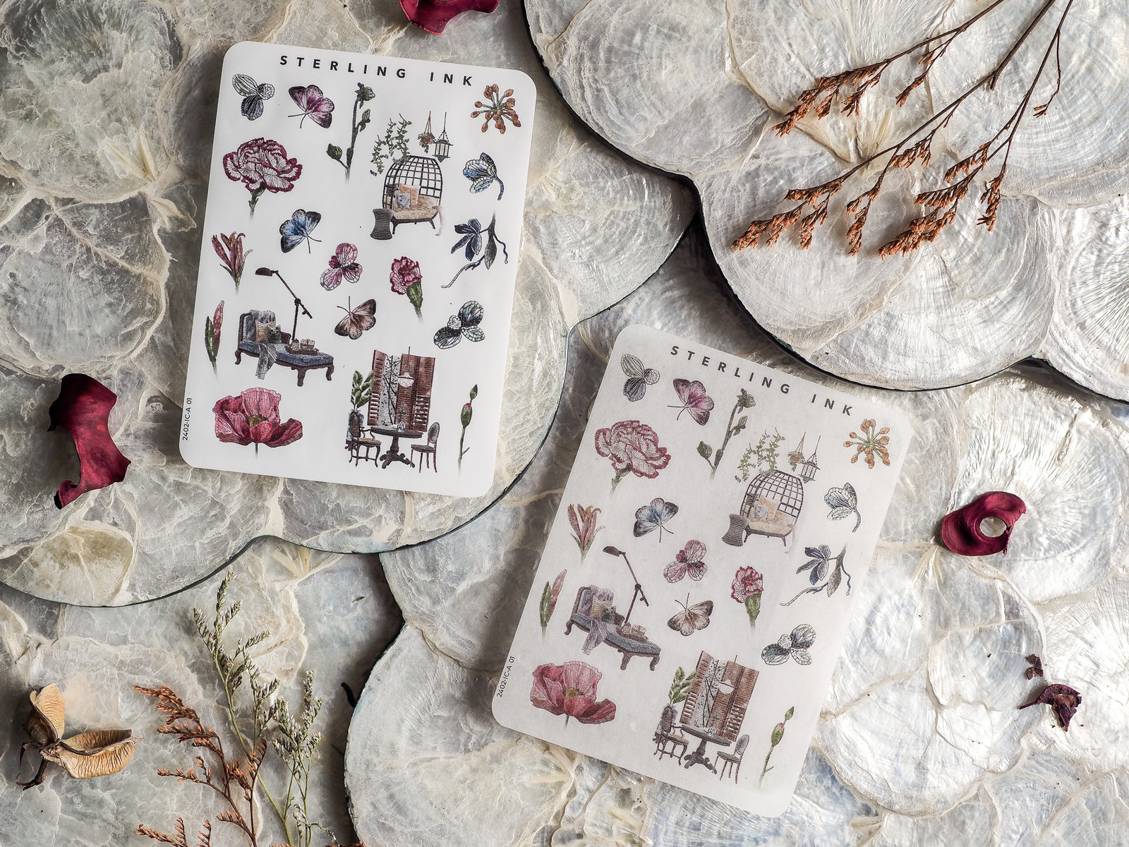 Mini sticker elements featuring vintage botanical illustrations, detailed line drawings of roses, butterflies, insects, and miniature decorative household objects.