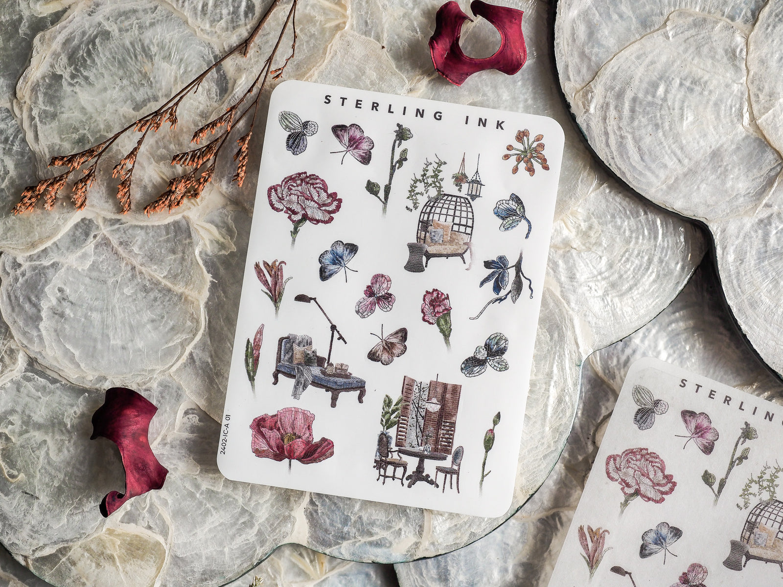 Botanical sticker set featuring detailed illustrations of peonies, leaves, butterflies, and miniature home icons, designed for crafting and journaling accents.