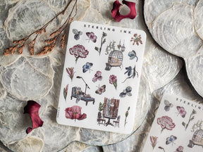 Botanical sticker set featuring detailed illustrations of peonies, leaves, butterflies, and miniature home icons, designed for crafting and journaling accents.