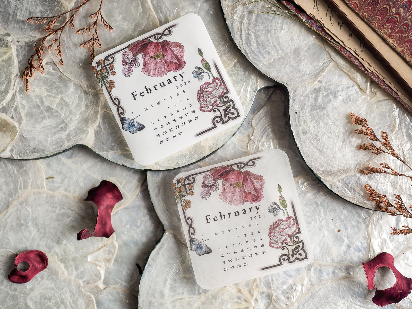 Elegant printable February 2024 calendar featuring botanical illustrations of blush pink and mauve roses, perfect for a decorative monthly planner.
