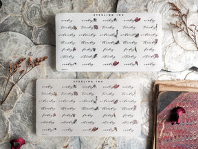 Delicate floral printable stickers for February 2024, perfect for journaling and planning, featuring a sweet blend of blush pink and black ink accents.