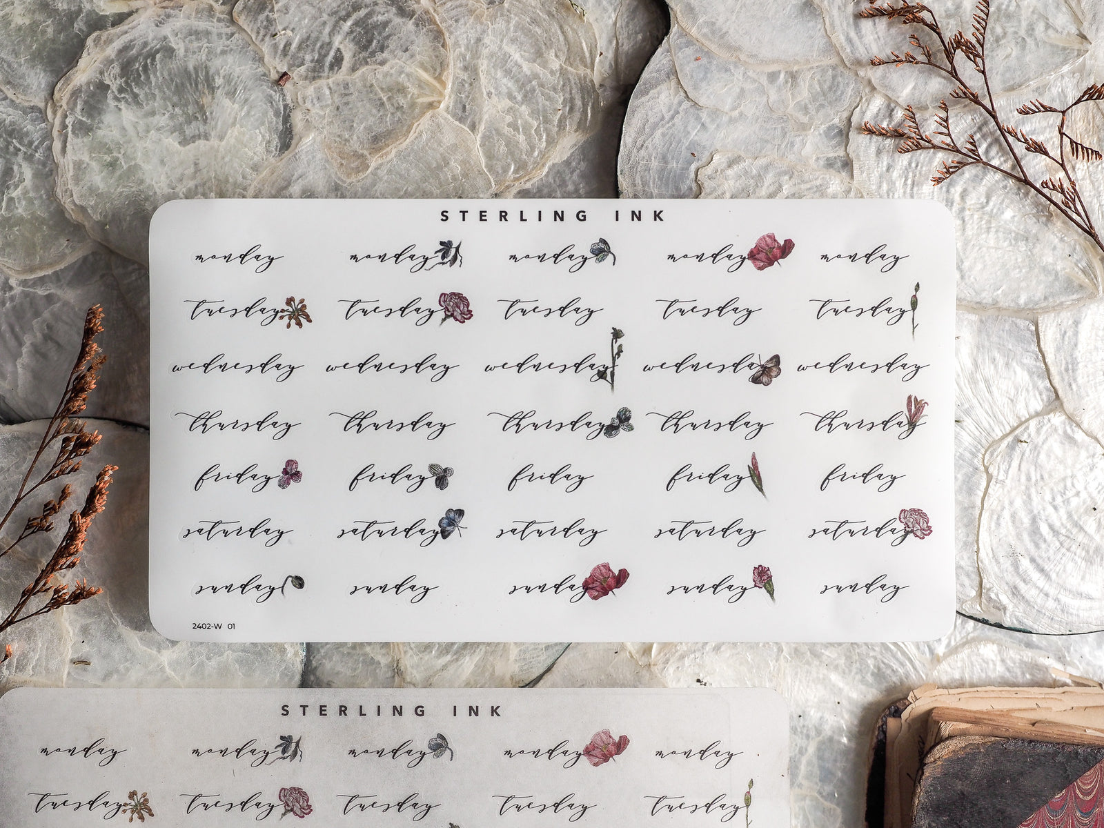 Romantic weekly sticker sheet for February 2024 featuring weekday and date layouts in delicate blush ink, enhanced by small, detailed floral and botanical accents.
