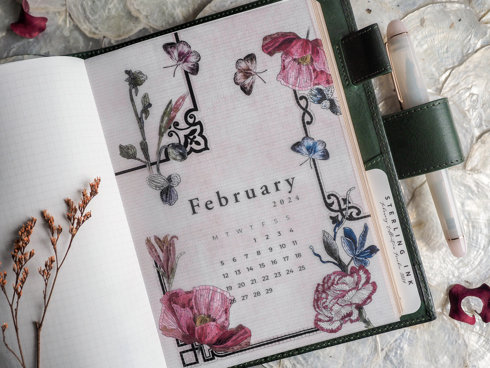 Decorative B6 monthly calendar for February 2024, featuring romantic watercolor peonies and delicate botanical line drawings.
