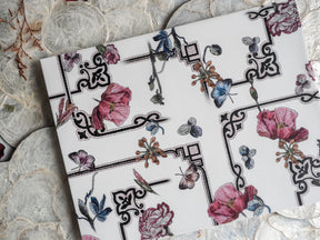 Elegant printable planner spread featuring intricate black geometric borders framing delicate watercolor motifs of pink and blue peonies and butterflies.