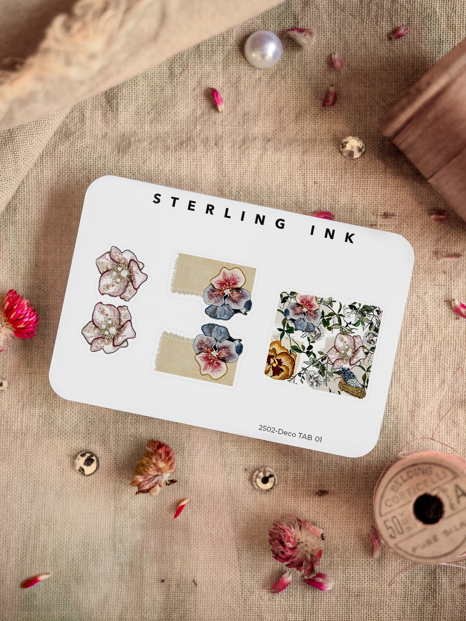Watercolor floral deco tabs featuring delicate rose and greenery patterns, perfect for journal decorating and scrapbooking.