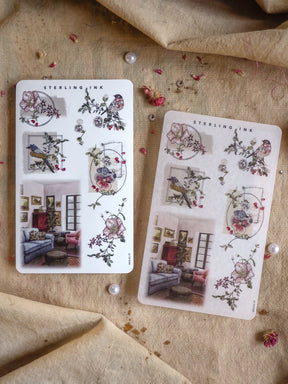 Elegant 'Arrangement Stickers - February 2025' featuring watercolor floral bouquets, delicate roses, charming birds, and a detailed vintage living room scene.