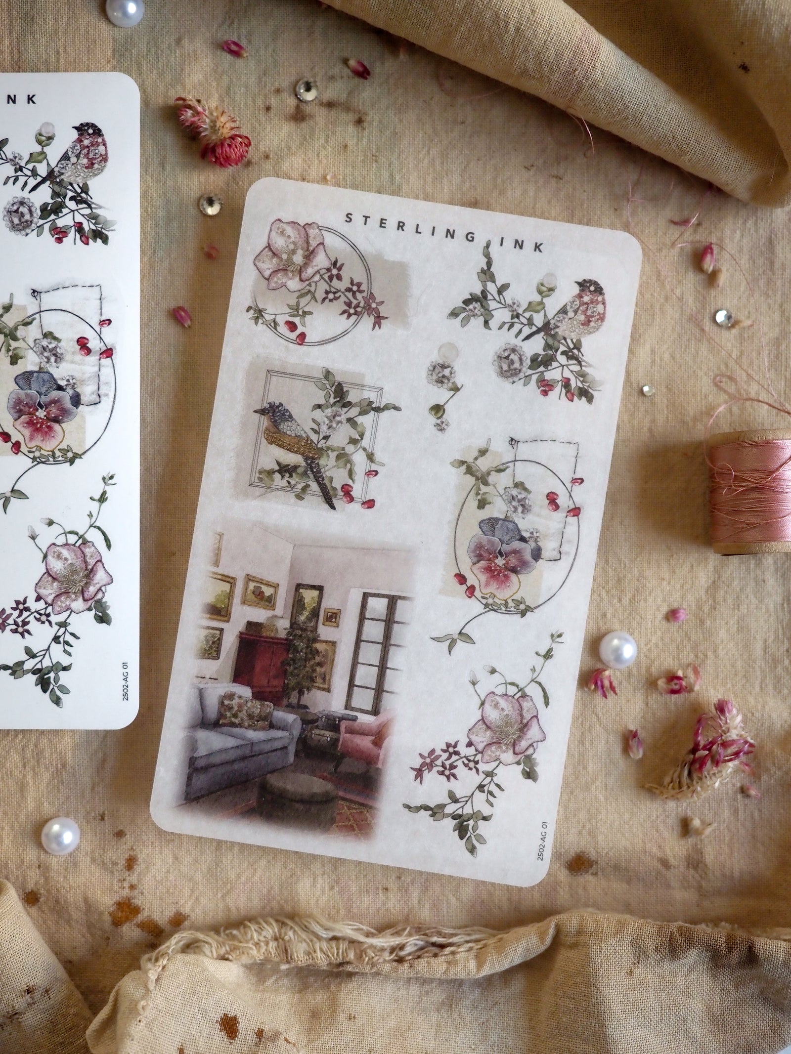 Delicate sheets featuring watercolor arrangements of blush pink roses, charming woodland birds, and antique botanical vignettes perfect for scrapbooking.