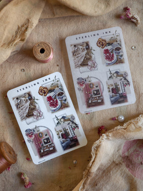 Vintage sticker sheets featuring elegant, detailed illustrations of distressed interiors, accented with delicate silver foil accents for crafting.