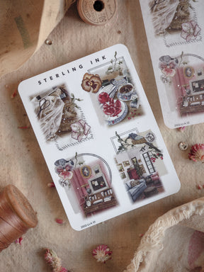 Vintage floral and antique icon sticker sheet featuring bouquets, teacups, and cameras with decorative silver foil accents.