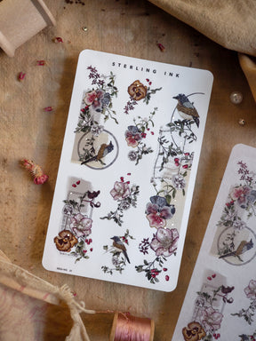 Botanical washi strip stickers featuring lush floral bouquets of roses and greenery, accented with delicate silver foil details for a rich spring theme.