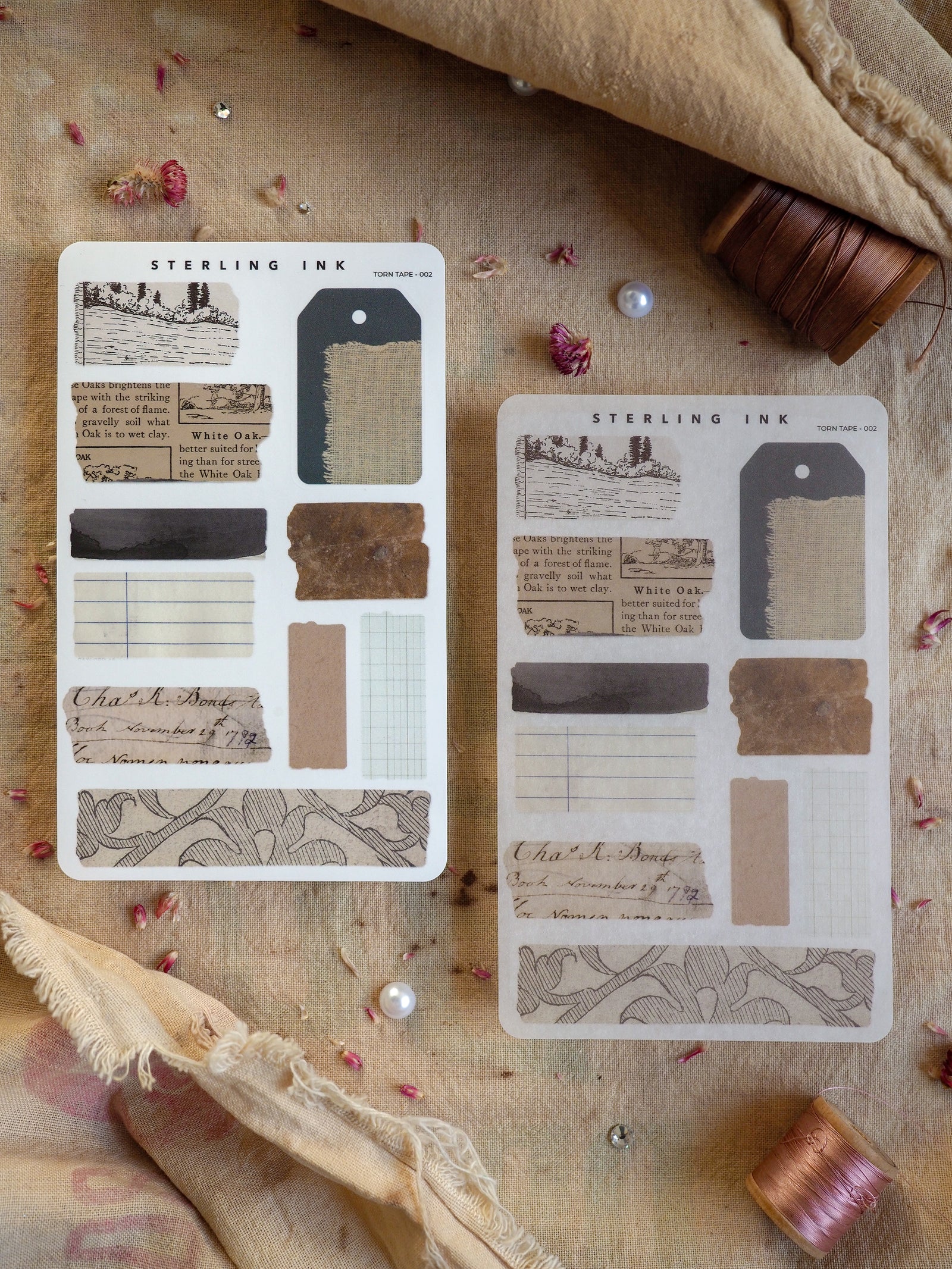 Cream-colored printable journaling kit featuring torn tape stickers, grid paper, and "White Oak" themed date boxes for February 2025 planning.