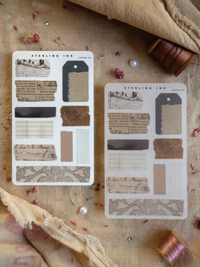 Cream-colored printable journaling kit featuring torn tape stickers, grid paper, and "White Oak" themed date boxes for February 2025 planning.