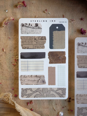 Journaling and scrapbooking stickers featuring various "Torn Tape" designs, including nature vignettes, decorative patterns, blank labels, and earthy-toned accoutrements.
