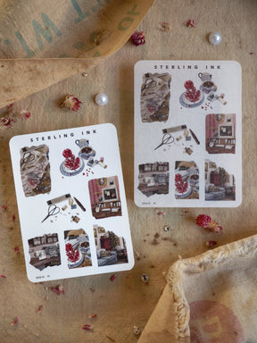 Sticker sheet featuring muted, rustic icons of seasonal decor, including potted plants, delicate dried florals, and cozy domestic home elements.