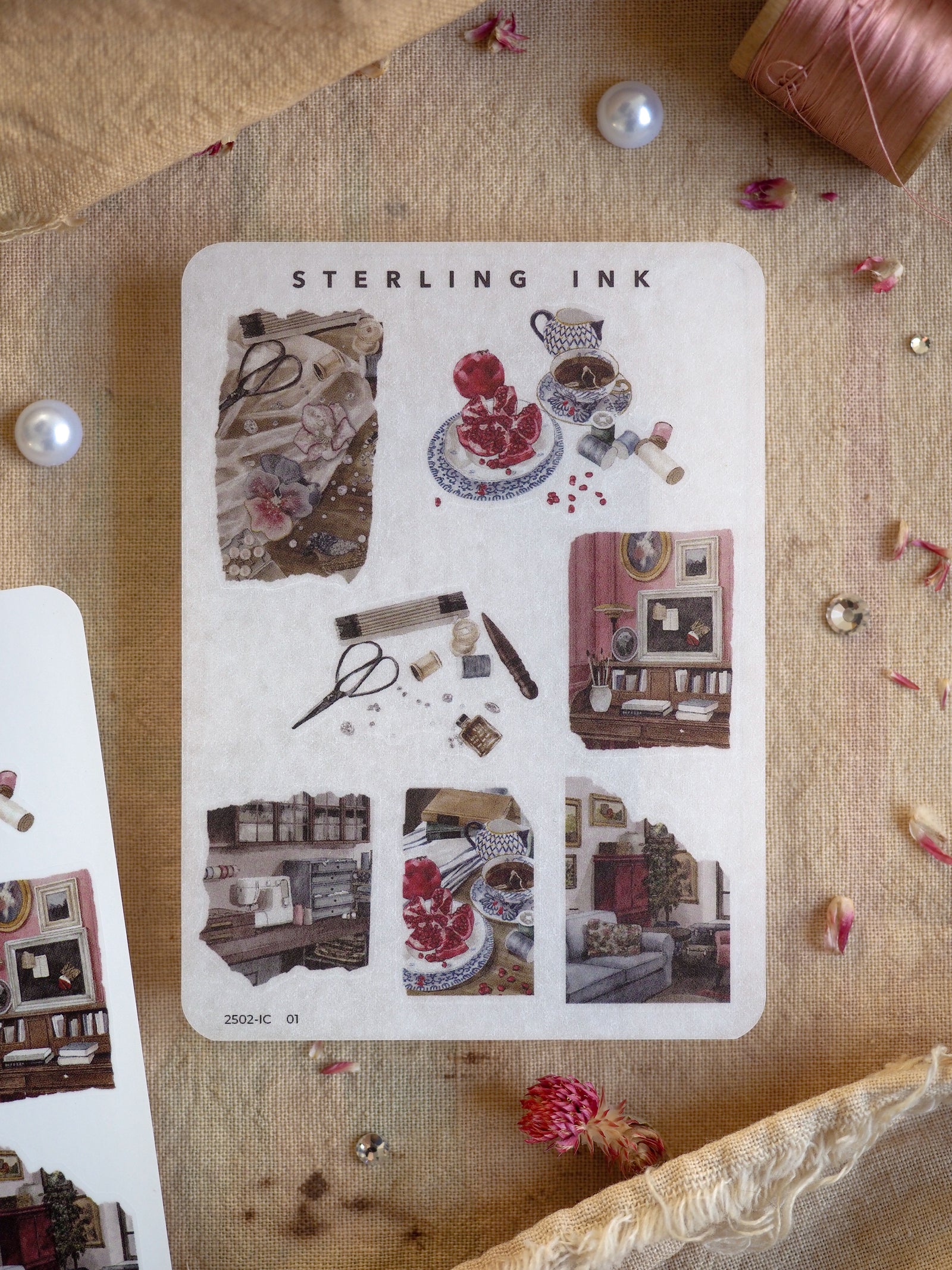 A charming sticker sheet featuring mini elements of vintage home decor, illustrated icons of cabinets, teapots, household goods, and nostalgic room vignettes.