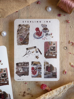 A charming sticker sheet featuring mini elements of vintage home decor, illustrated icons of cabinets, teapots, household goods, and nostalgic room vignettes.