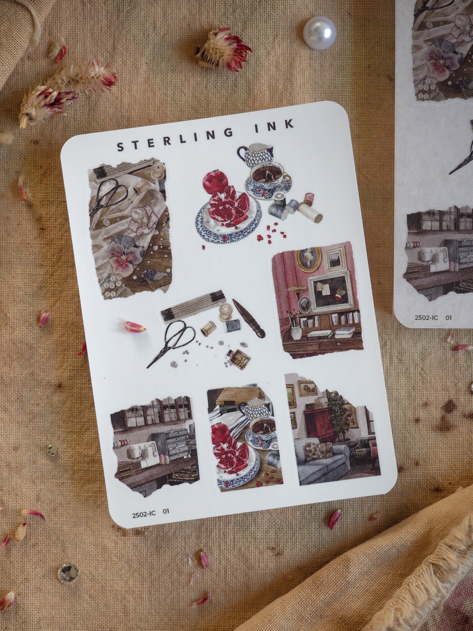 Mini sticker elements featuring detailed vintage and domestic themes, including stationery, bookshelves, teacups, and charming cozy room vignettes.