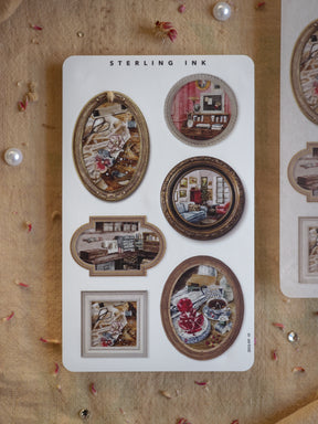 A curated set of ornate, sepia-toned picture frame designs showcasing nostalgic, warm-toned vintage domestic scenes and charming room vignettes.