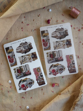 Decorative torn paper sticker set for February 2025, featuring vintage collage elements, antique frames, and romantic red rose designs for scrapbooking.